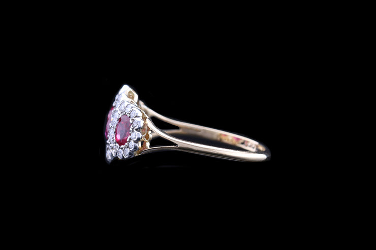 Edwardian 18ct Yellow Gold Diamond and Ruby Triple Cluster Ring