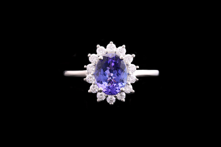 Platinum Diamond and Tanzanite Oval Cluster Ring