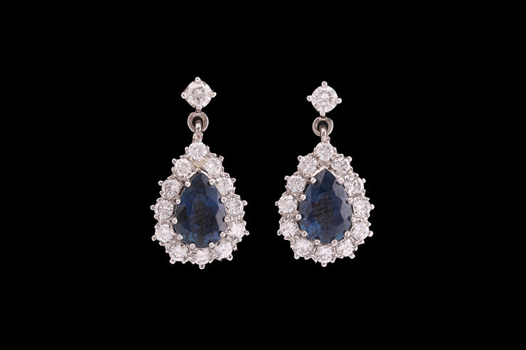 18ct White Gold Diamond and Sapphire Pear Cluster Drop Earrings