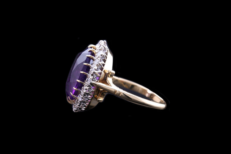 18ct Yellow Gold Diamond and Amethyst Oval Cluster Ring