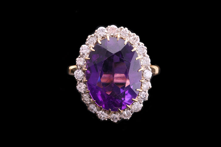 18ct Yellow Gold Diamond and Amethyst Oval Cluster Ring