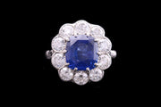 Platinum Diamond and Sapphire Cluster Ring