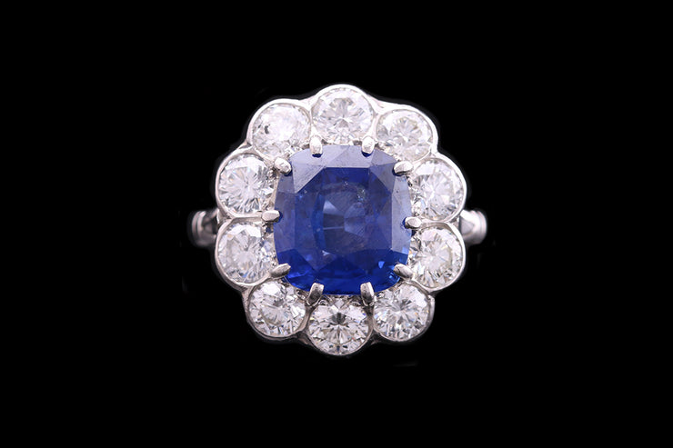 Platinum Diamond and Sapphire Cluster Ring