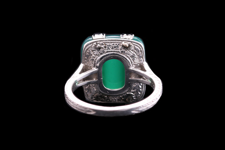 Art Deco Platinum Diamond and Green Chalcedony Dress Ring with Diamond Shoulders