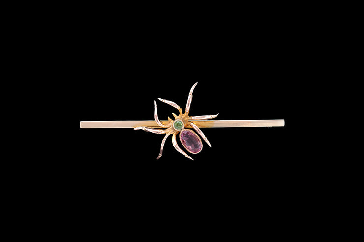 Victorian 9ct Yellow Gold Peridot and Pink Tourmaline Spider Brooch