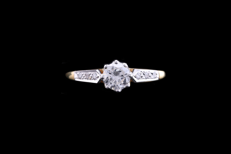 18ct Yellow Gold and White Gold Diamond Single Stone Ring with Diamond Shoulders