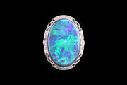 Art Deco 18ct White Gold Diamond and Black Opal Oval Cluster Ring