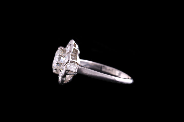 Art Deco Platinum Diamond Cluster Ring with Diamond Shoulders