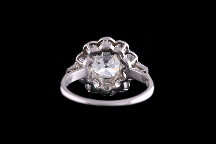 Art Deco Platinum Diamond Cluster Ring with Diamond Shoulders