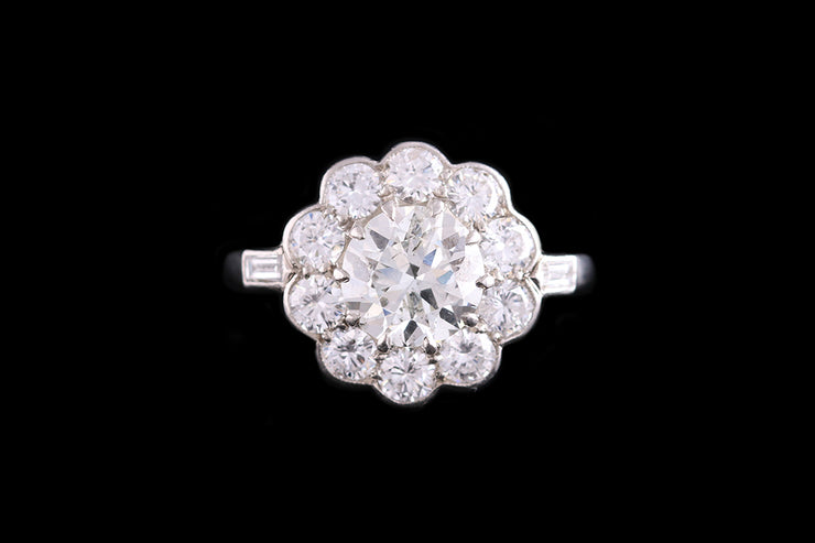 Art Deco Platinum Diamond Cluster Ring with Diamond Shoulders