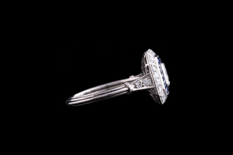 Platinum Diamond and Sapphire Square Dress Ring with Diamond Shoulders