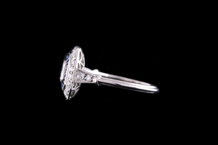 Platinum Diamond and Sapphire Square Dress Ring with Diamond Shoulders