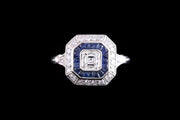 Platinum Diamond and Sapphire Square Dress Ring with Diamond Shoulders