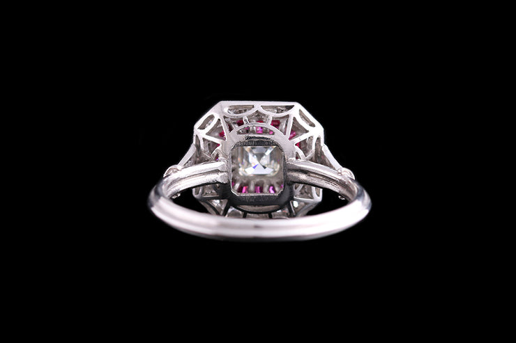 Platinum Diamond and Ruby Square Dress Ring with Diamond Shoulders