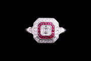 Platinum Diamond and Ruby Square Dress Ring with Diamond Shoulders