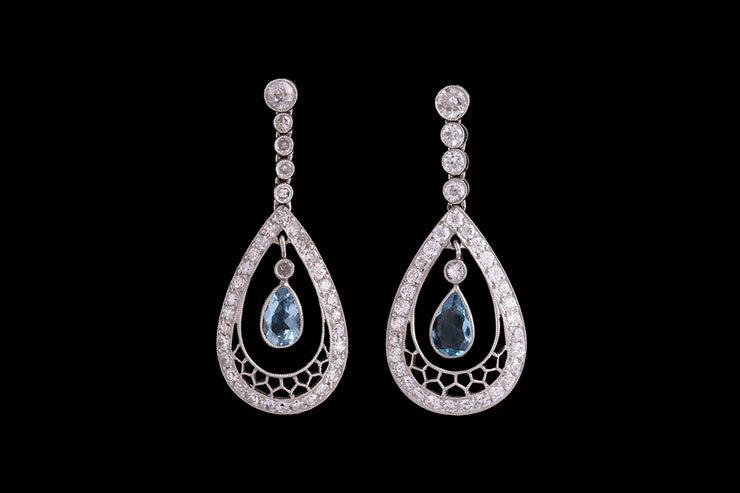 Platinum Diamond and Aquamarine Decorative Drop Earrings