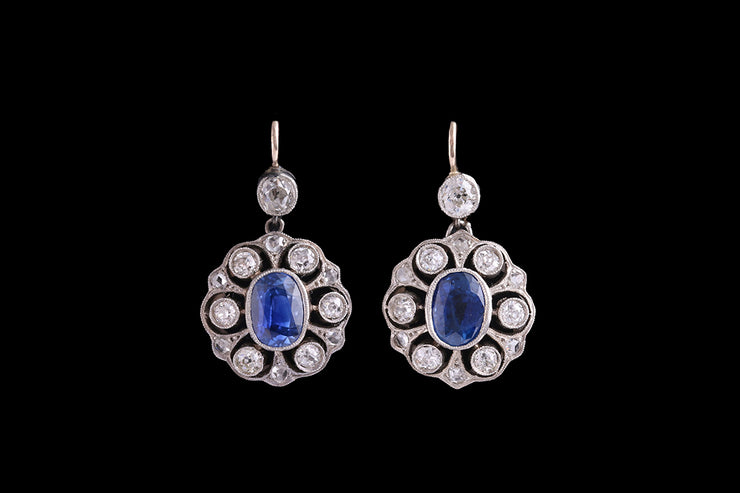 Edwardian 18ct Yellow Gold and Platinum Diamond and Sapphire Decorative Drop Earrings