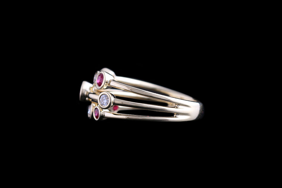 18ct Yellow Gold Diamond and Ruby Triple Row Dress Ring – Mortimers ...