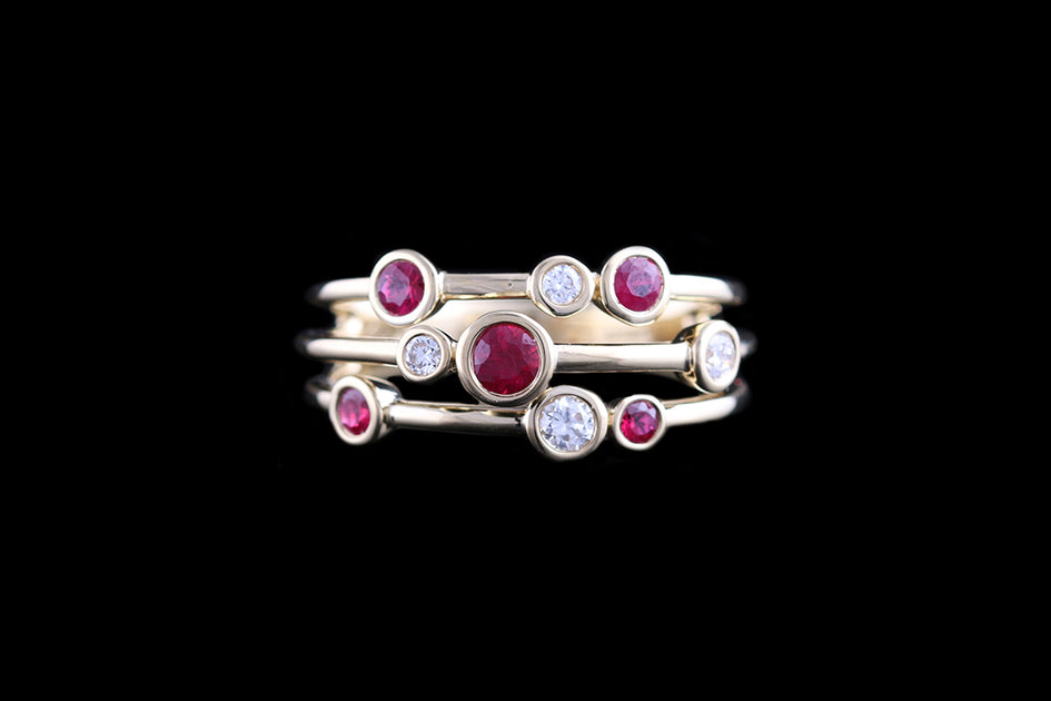 18ct Yellow Gold Diamond and Ruby Triple Row Dress Ring – Mortimers ...