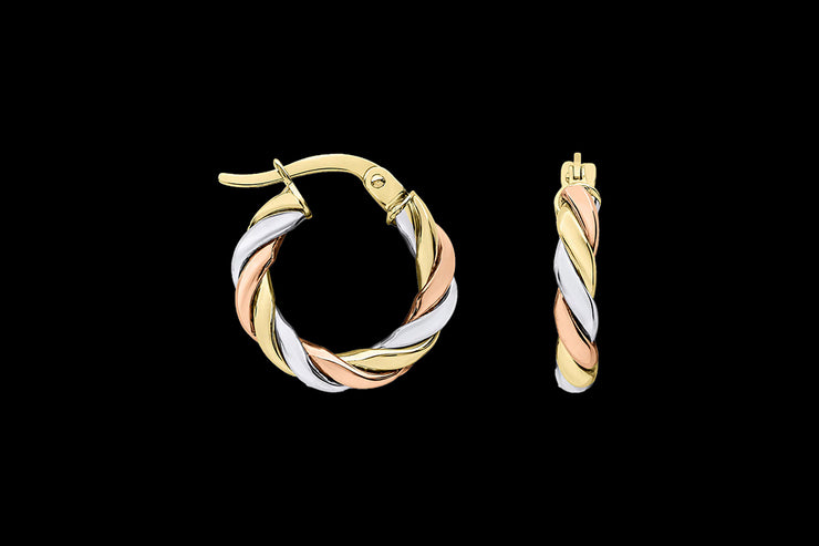 9ct Yellow Gold, White Gold and Rose Gold Twisted Hoop Earrings