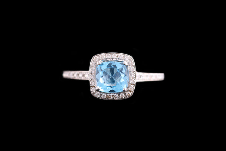 18ct White Gold Diamond and Blue Topaz Cluster Ring with Diamond Shoulders