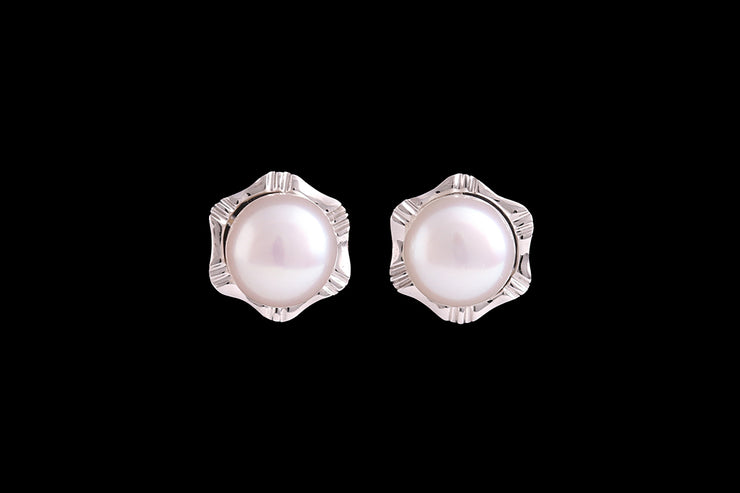 9ct White Gold Pearl Stud Earrings with Surround