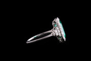 Art Deco Platinum Diamond and Colombian Emerald Cluster Ring with Diamond Shoulders