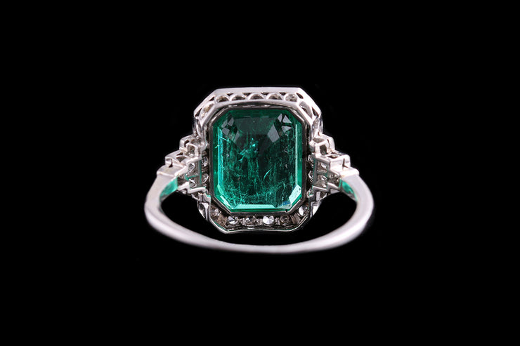 Art Deco Platinum Diamond and Colombian Emerald Cluster Ring with Diamond Shoulders