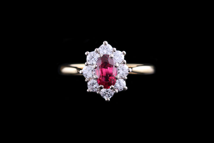 18ct Yellow Gold Diamond and Ruby Oval Cluster Ring