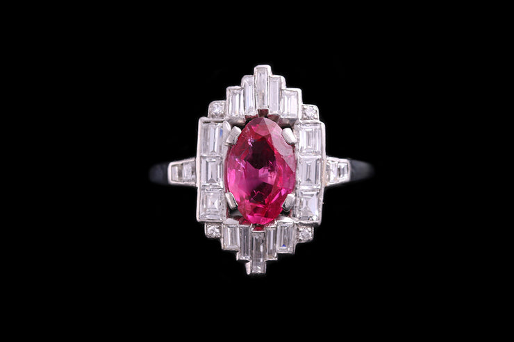 Art Deco Platinum Diamond and Burmese Ruby Dress Ring