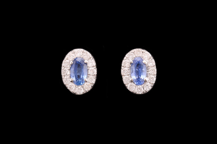 18ct White Gold Diamond & Sapphire Oval Cluster Stud Earrings