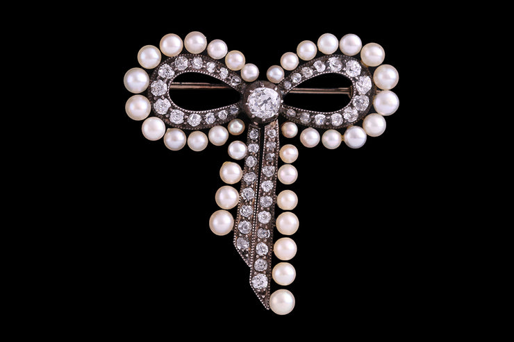 Victorian 15ct Yellow Gold and Silver Diamond and Pearl Bow Brooch