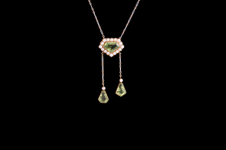 Edwardian 15ct Yellow Gold and Platinum Peridot and Seed Pearl Decorative Pendant