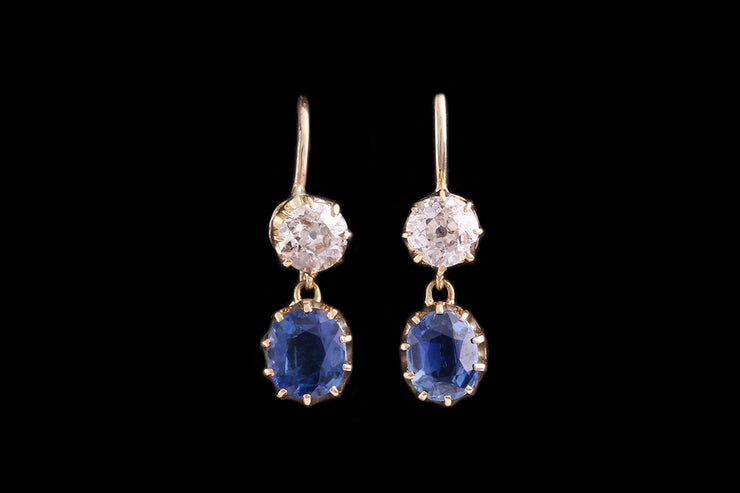 Victorian 18ct Yellow Gold Diamond and Sapphire Drop Earrings