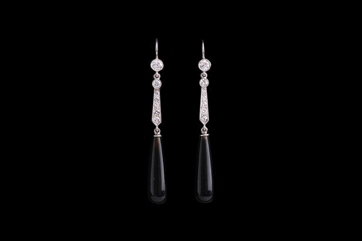 Platinum Diamond and Black Onyx Drop Earrings