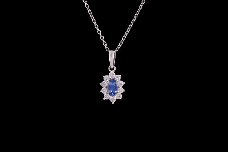 18ct White Gold Diamond and Sapphire Oval Cluster Pendant