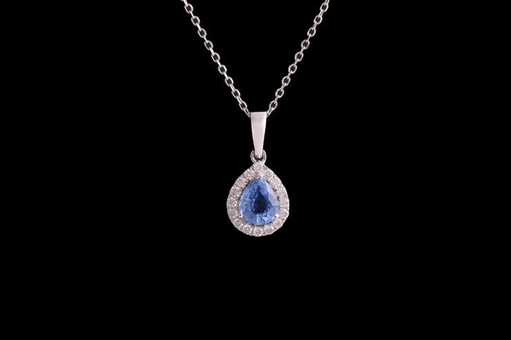 18ct White Gold Diamond and Sapphire Pear Cluster Pendant