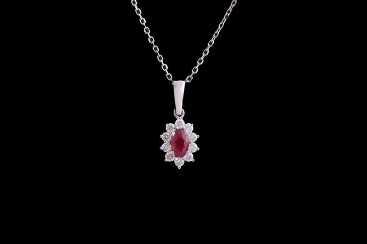 18ct White Gold Diamond and Ruby Oval Cluster Pendant