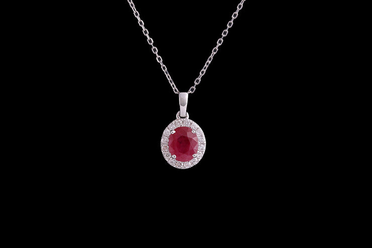 18ct White Gold Diamond and Ruby Oval Cluster Pendant