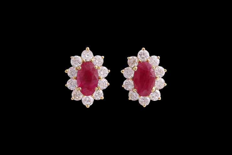 18ct Yellow Gold Diamond and Ruby Oval Cluster Stud Earrings