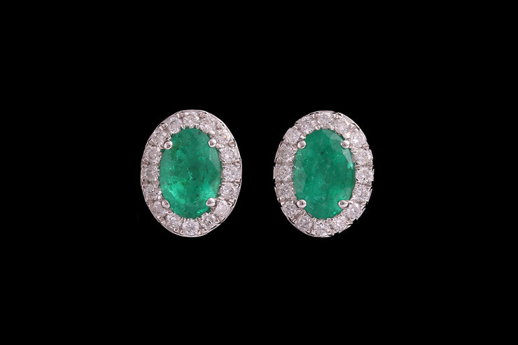 18ct White Gold Diamond and Emerald Oval Cluster Stud Earrings