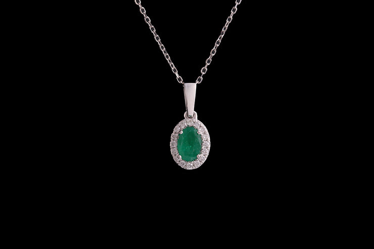 18ct White Gold Diamond and Emerald Oval Cluster Pendant