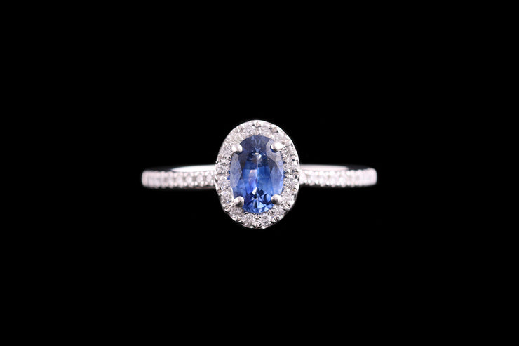 Platinum Diamond and Sapphire Oval Cluster Ring with Diamond Shoulders