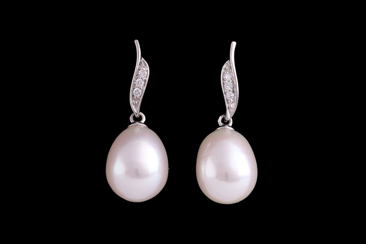 9ct White Gold Diamond and Freshwater Pearl Drop Earrings