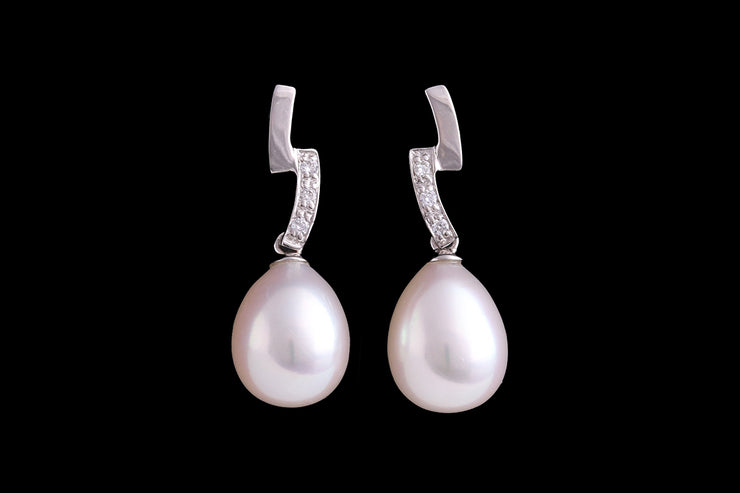 9ct White Gold Diamond and Freshwater Pearl Drop Earrings