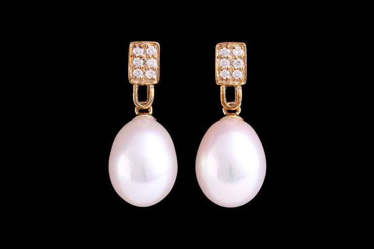 9ct Yellow Gold Diamond and Freshwater Pearl Drop Earrings