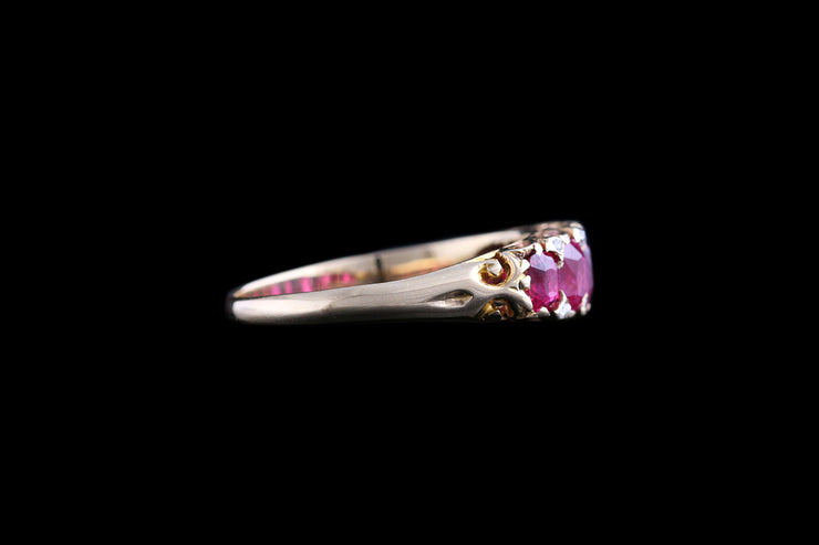 Victorian 18ct Yellow Gold Graduated Diamond and Burmese Ruby Five Stone Ring