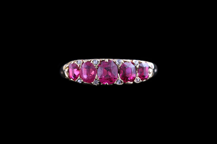 Victorian 18ct Yellow Gold Graduated Diamond and Burmese Ruby Five Stone Ring