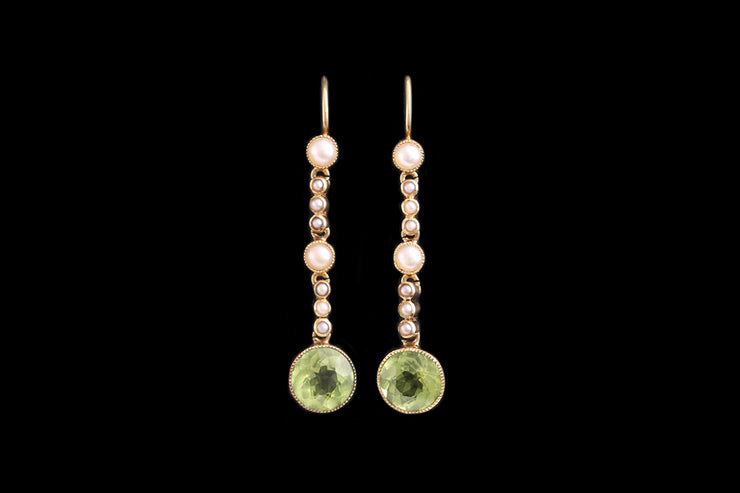 Edwardian 18ct Yellow Gold Peridot and Seed Pearl Drop Earrings