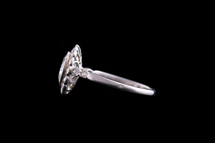 French Art Deco Platinum Diamond Halo Ring with Diamond Shoulders